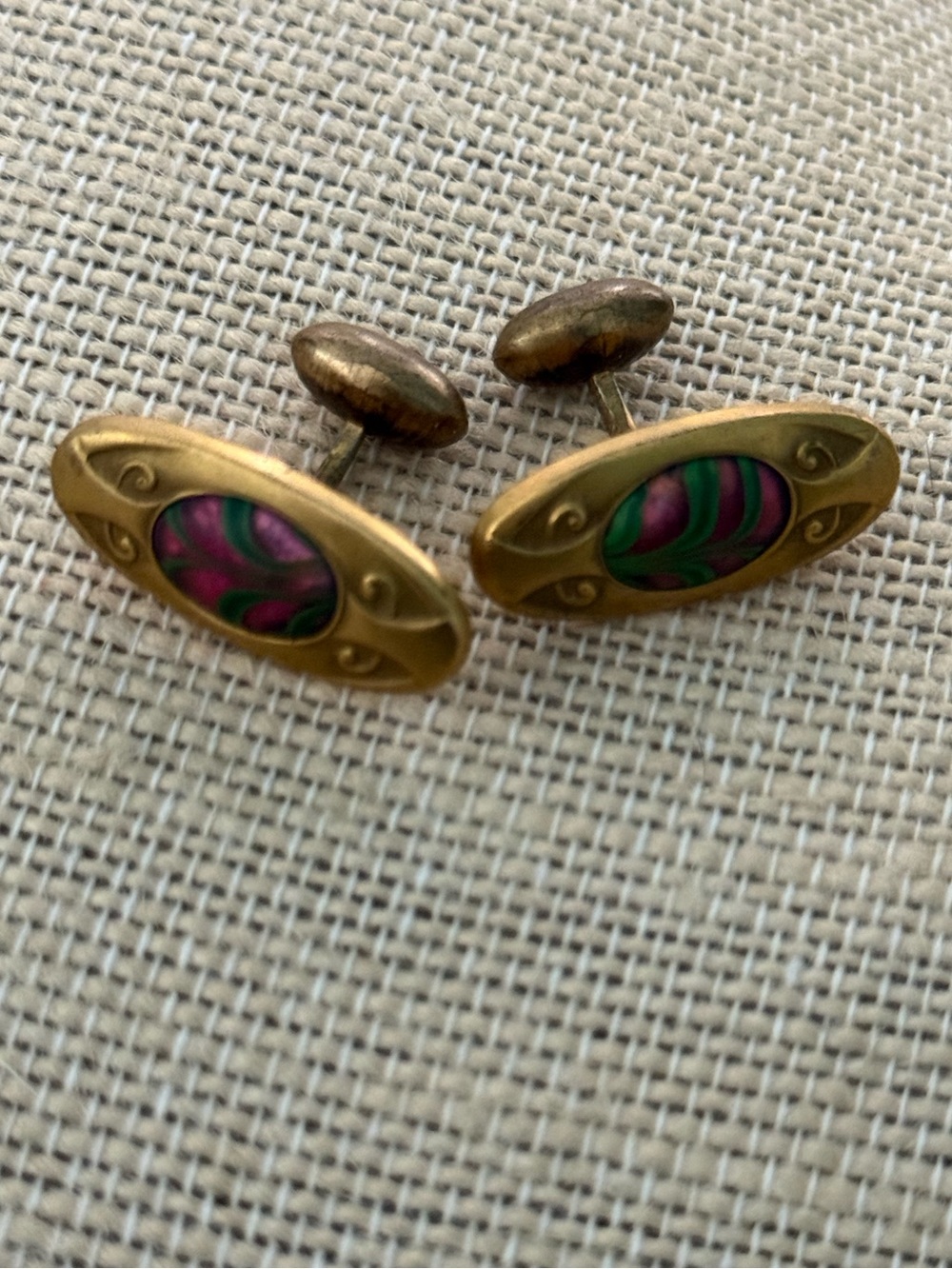 Vintage Oval Gold-Tone Cufflinks with Pink & Green Inset
